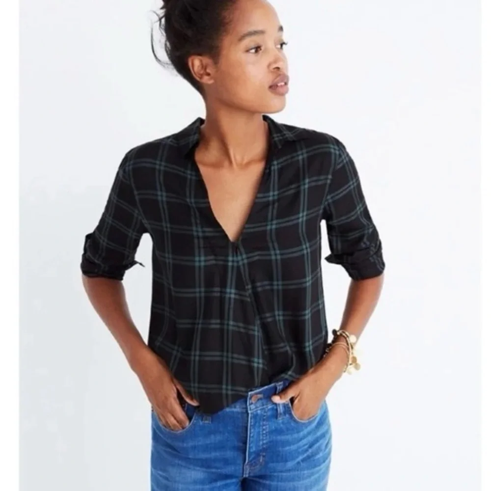 MADEWELL Plaid Black Green Collared Wrap Front Top Small - Picture 1 of 9